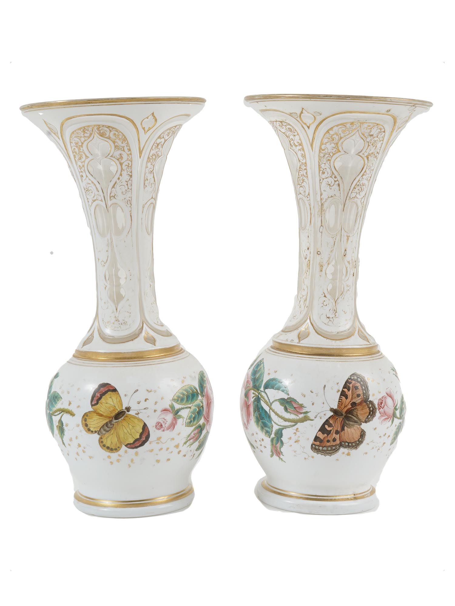 EUROPEAN BUTTERFLIES BOHEMIAN GLASS VASES A PAIR PIC-0